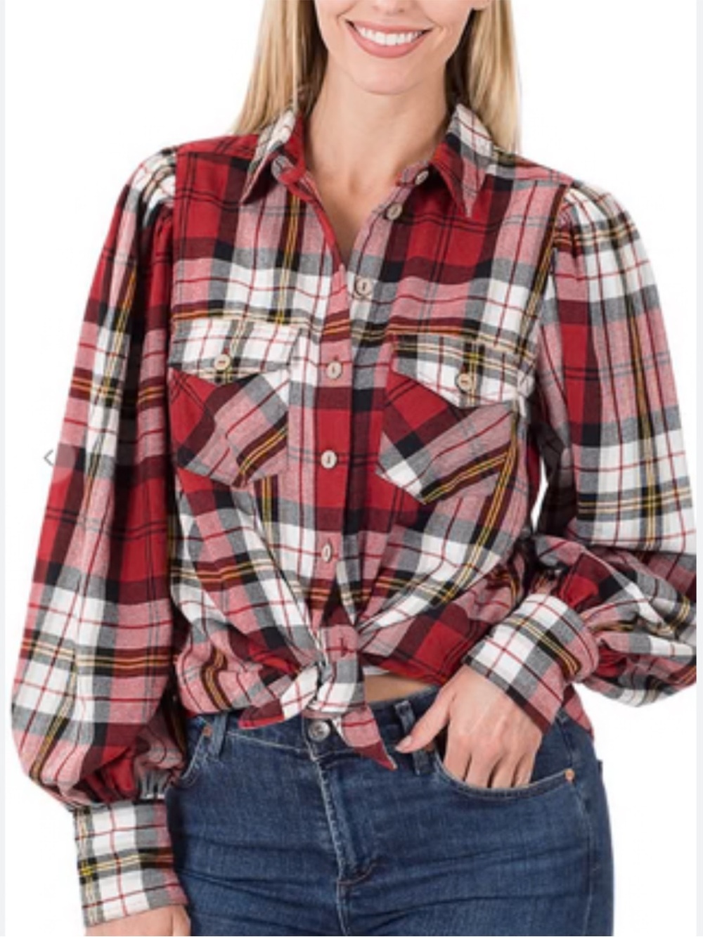 Zenana Outfitters Red Plaid Button-Down Shirt with Black & White Accents